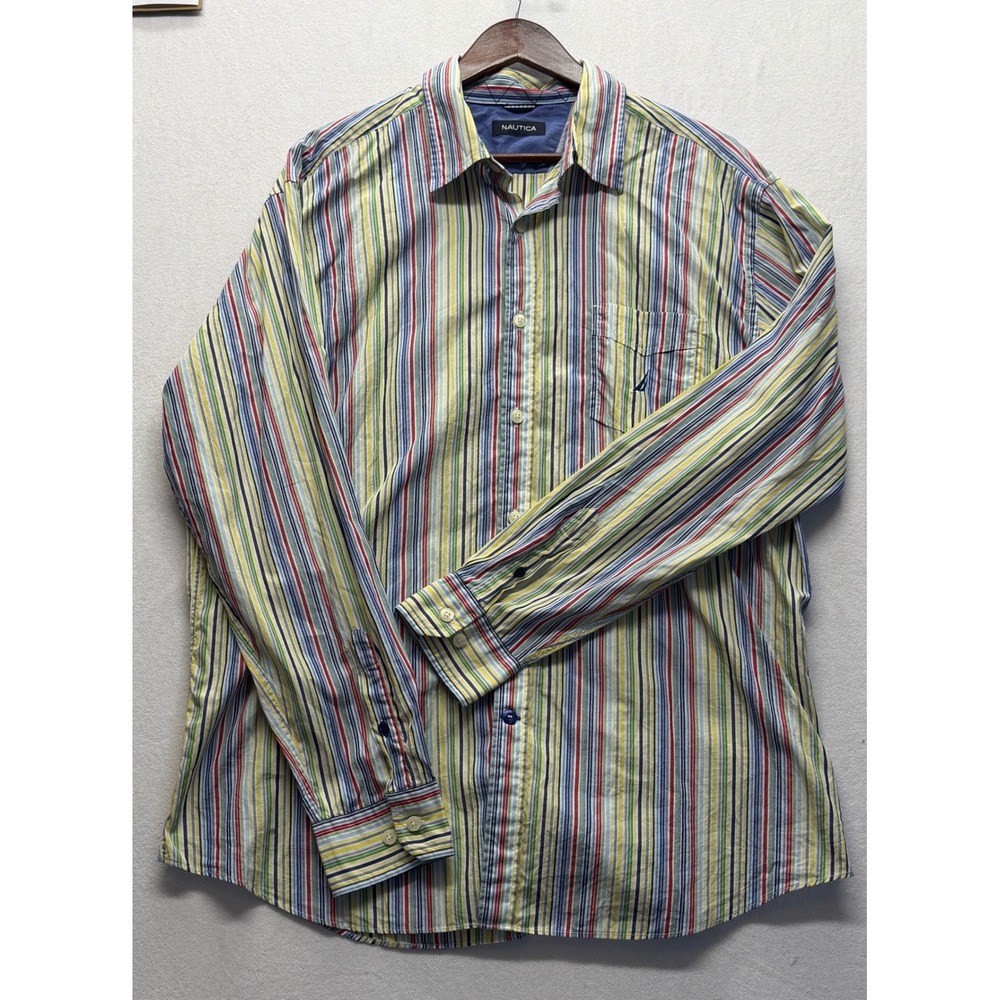 Nautica Multicolor Striped Button Down Shirt Preppy Coastal Sailing Regatta